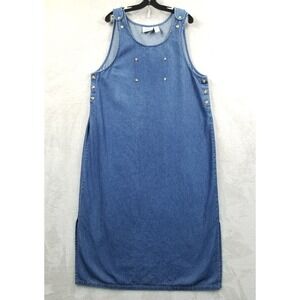 Vintage Dress Women 1X Blue Denim‎ Maxi Button Sleeveless Pockets Homestead